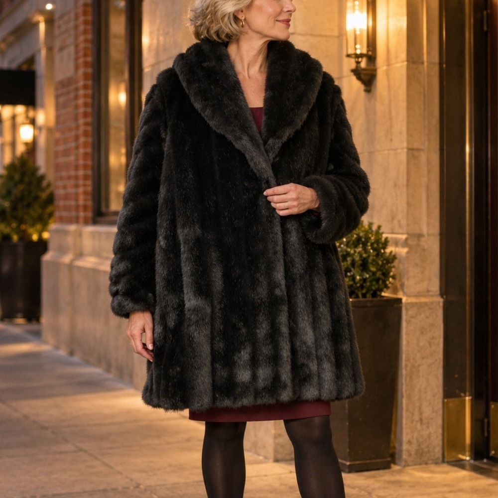 Monterey Fashions, Vintage Faux Fur Mink Coat Black Shawl Collar Size 12 USA